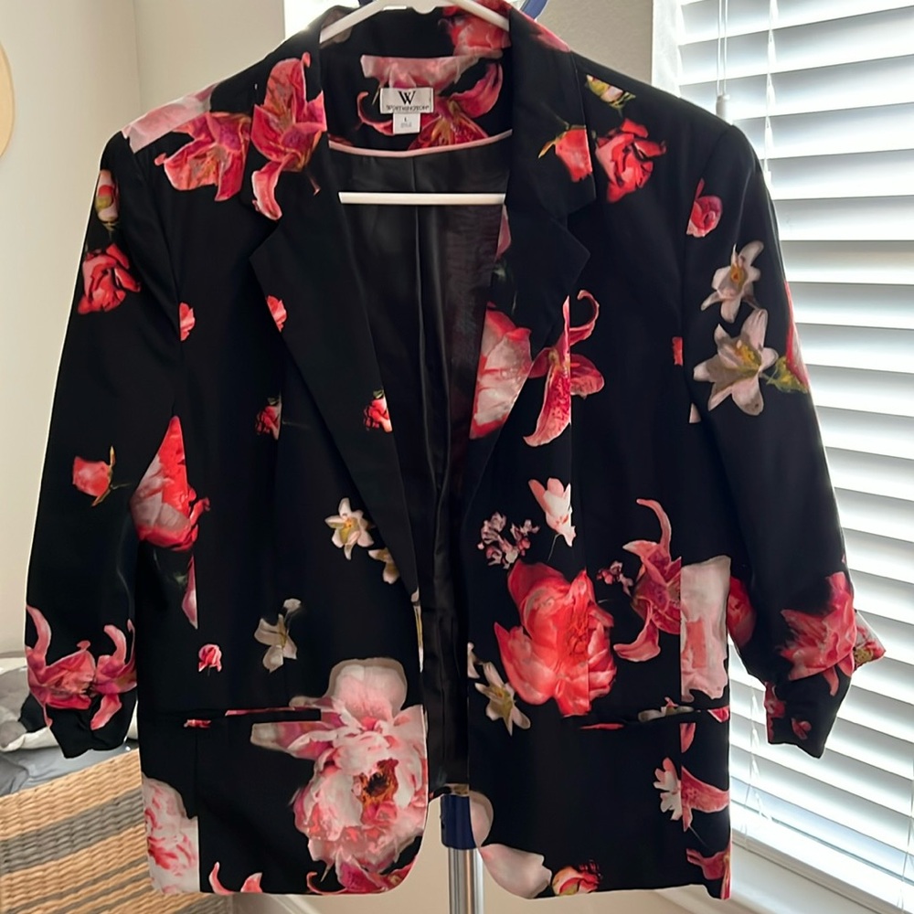 Worthington Floral Cropped Blazer with 3/4 sleeves